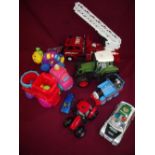 Selection of various assorted toys including Thomas the Tank Engine, tractors, fire engine toy