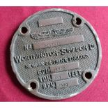 Circular cast metal plaque for Worthington-Simpson Ltd Newark on Trent GRM 2800T.H165 Feet RPM 1450,