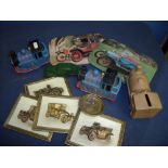 Ceramic train moneybox, two Thomas the Tank Engine models, figure of a vintage car, Burrell Traction