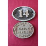Cast metal railway repair plate, general repair by CWS Ltd LNWR41917-1946 and a brass oval no.14