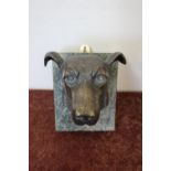 20th C bronze dog bust mounted on rectangular marble plaque (15.5cm x 19.5cm x 22cm)