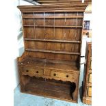 19th C rustic country style pine dresser with three tier raised back with planked detail above two