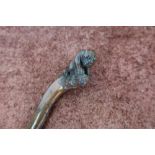 19th C Folk Art carved briarwood walking stick, the handle in the form of a monkey with inset