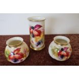 Group of three Royal Worcester vases, including a pair of No. 158 vases with still life blackberry