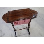 19th C rosewood work table with pull out upholstered drawer and twin side compartments with lift