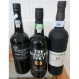 Three sealed bottles of port including Taylor's 10 Year Old Tawny Port bottled in 2000, a Fonseca