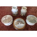 Group of Prattware comprising of two pots with pot lids for the `Master of the Hounds' `Pegwell