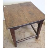 Scarce and unusual 18th C square plank top tavern table on four square supports, with chamfered