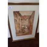 Framed and mounted watercolour of 'Argument Yard, Whitby' by E. Meiril? (43cm x 56cm)