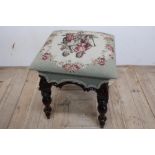 Victorian mahogany four legged square top dressing table stool with needlework upholstered top, on