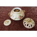 Royal Worcester potpourri holder with pierced lift off lid and further solid lid, with twin