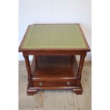 Quality mahogany two tier occasional table with tooled green leather inset top and single drawer