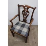 19th C mahogany framed armchair with carved and pierced splat, and drop-in upholstered seat with H