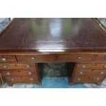 19th C mahogany partners twin pedestal desk with inset tooled leather top with central drawer