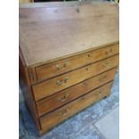 19th C light mahogany bureau with fall front revealing fitted interior above four long drawers, on
