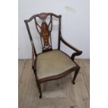 19th C rosewood inlaid armchair with upholstered serpentine front seat and pierced back splat with