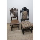 Carved dark oak dining chair with upholstered seat and back panel on barley twist supports, the