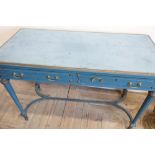 Early 20th C blue and gilt painted two drawer side table on fluted tapering supports (107cm x 49cm x