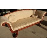 19th C mahogany framed three seat sofa with rolled end arms and lion paw supports (width 230cm)