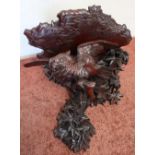 Carved mahogany wall bracket supported by a carved figure of an owl within foliage (approx 34cm x