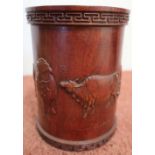 Carved hardwood faux bamboo brush pot with Greek key border to the top and base, with carved