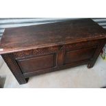 18th C oak coffer with hinged top and carved and panelled detail (115cm x 46cm x 60cm)