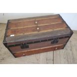 Vintage canvas leather and wooden slatted flat top travelling trunk (79cm x 43cm x 40cm)