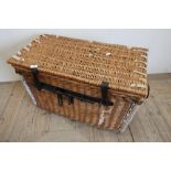 Unusual wicker, leather and rope-work bound rectangular basket with metal strap-work locking bars