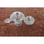 Small Georgian clear glass oil lamp with large thumb mount handle, the body of tapering form on