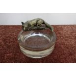 Large heavy circular dish mounted with bronze figure of a fox (diameter 15cm, 8cm high)