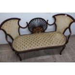 19th C mahogany inlaid three seat settee with upholstered seat and two back panels with central