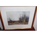 Gilt framed and mounted watercolour of sheep and shepherd at woods edge by W. Mahhers 1914 (71cm x