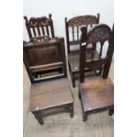 Early 19th C oak panel back dining chair with solid plank seat and turned supports, and three