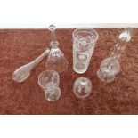 Interesting collection of early 19th C and later glassware, including etched glass beaker, a cupping