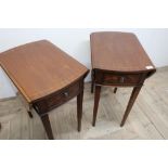 Pair of reproduction mahogany drop leaf occasional tables with single drawer, on square tapering