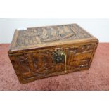 Rectangular carved camphor wood table box with hinged top (18cm x 30cm x 16cm)