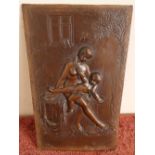 Rectangular bronze plaque of classic form depicting naked lady and child in garden scene (13.5cm x