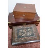 Two Victorian mahogany writing boxes, one brass bound, and a stained pine sewing box and contents