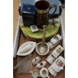 Seven Royal Worcester wall plaques depicting castles and cathedrals, a golf related pottery tankard,