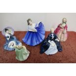 Five Royal Doulton figurines 'Pensive Moment' No. HN2704, 'Elaine' No. HN2791 , 'Rosebud' No.