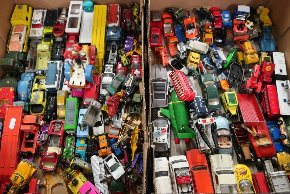 Matchbox Dinky, Corgi and other die-cast vehicles all play worn, contained in two boxes