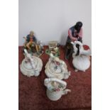 Capodimonte ewer shaped jug, three similar teapots, and a small selection of other decorative