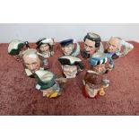 Ten small Royal Doulton character jugs 'The Sleuth', 'The Falconer', 'Pied Piper', 'Mine Host', '