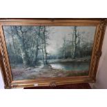 Contemporary oil on canvas depicting an autumnal wooded landscape, signed