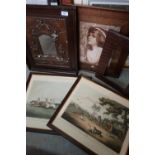 Pair of framed hunting prints, a plaster and oak war memorial frame, a framed Pears type print of