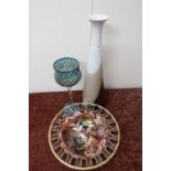 Art Pottery trumpet design vase, a blue tinted goblet, a pottery table lamp and a glass rose bowl