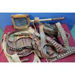 Vintage badminton racket, canvas and leather trimmed game bag, various leather cartridge belts and