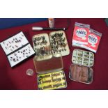 Mallochs fly tin with a large selection of various fishing flies, Hardy's plastic fly case, alloy