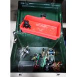 Fibre glass tackle box with contents including floats, reels etc