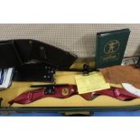 Cased Arten recurve bow, arrows and various archery accessories